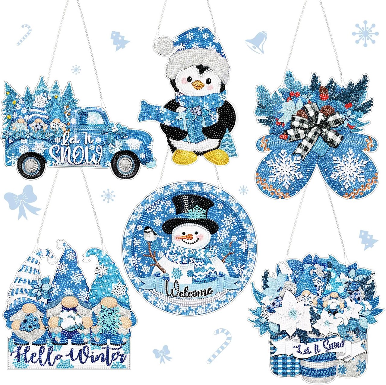 6-Piece Winter Diamond Painting Hanging Sign Set – 5D DIY Snowman & Gnome Art Pendants, Acrylic Tree, Wreath & Truck Ornaments for Wall & Window Decor